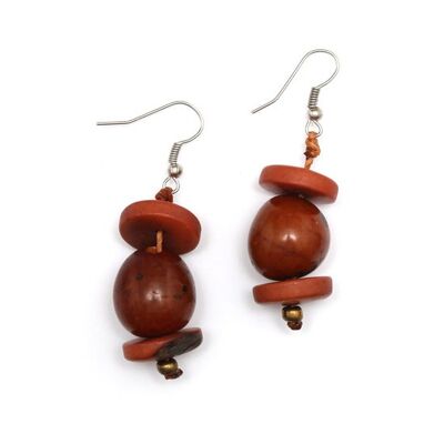 Handmade brown Tagua nut and disc drop earrings