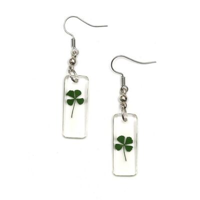 Green four-leaf clover set in clear resin rectangle dangle earrings