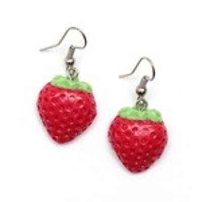 Miniature red strawberry polymer clay drop earrings