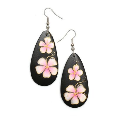 Hand-painted floral design organic carved teardrop wooden dangle earrings tribal style