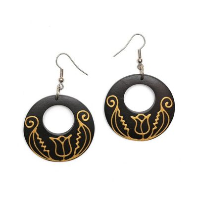 Hand-painted floral design organic carved round wooden drop earrings tribal style