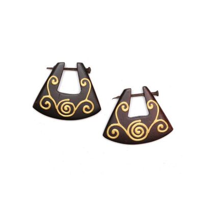 Hand-painted swirl design organic stick carved wood earrings fan shape tribal style