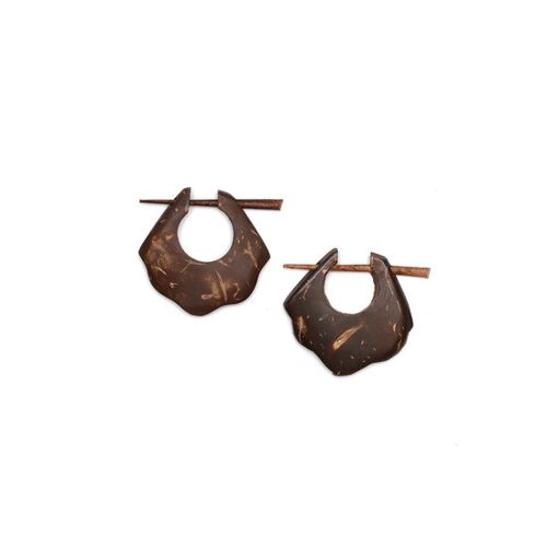 Handmade brown organic stick carved wood earrings fan shape tribal style