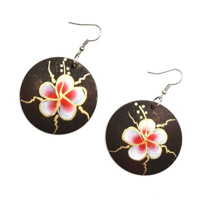 Round wooden drop handmade earrings with hand-painted flower