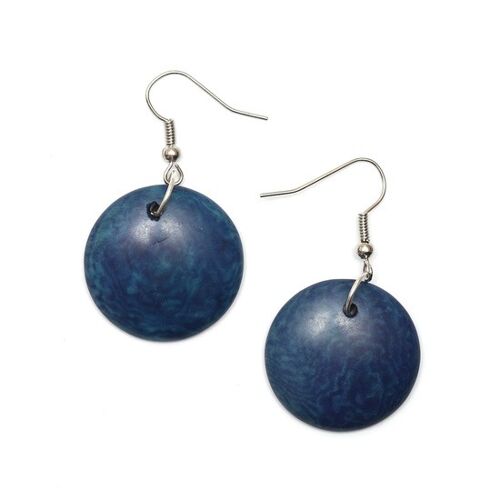 Dark Blue Tagua Round Disc Drop Earrings