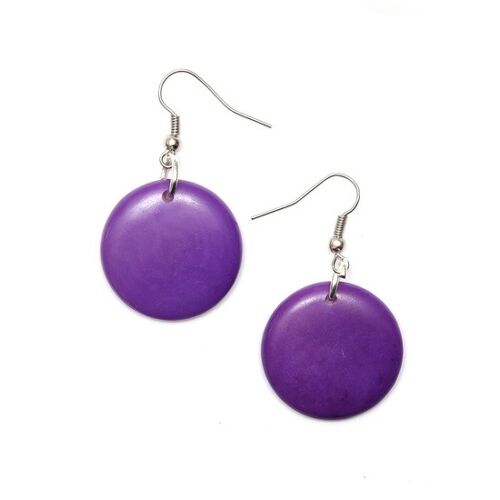 Purple Tagua Round Disc Drop Earrings