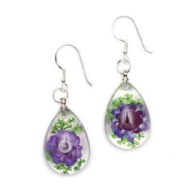 Boucles d'oreilles pendantes fleur pressée violette en résine transparente