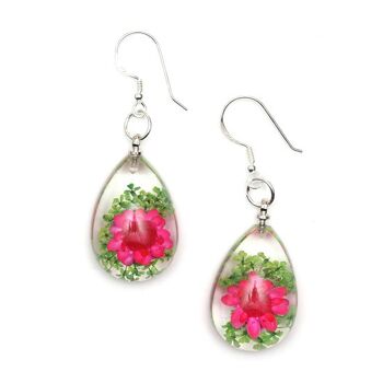Boucles d'oreilles pendantes fleur pressée rose en résine transparente