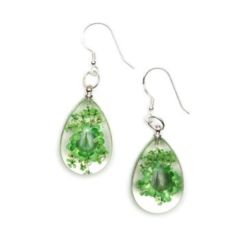 Boucles d'oreilles pendantes fleur pressée verte en résine transparente