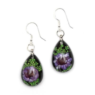 Boucles d'oreilles pendantes fleur pressée violette en résine noire