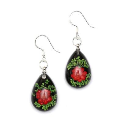 Boucles d'oreilles pendantes fleur pressée rouge en résine noire