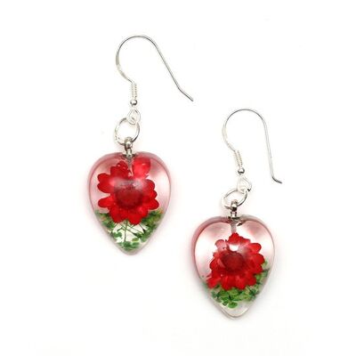 Red pressed flower in clear heart resin drop earrings