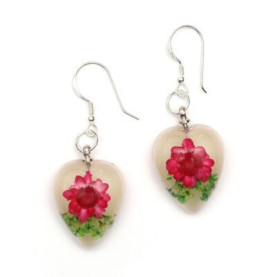 Pink pressed flower in white heart resin drop earrings