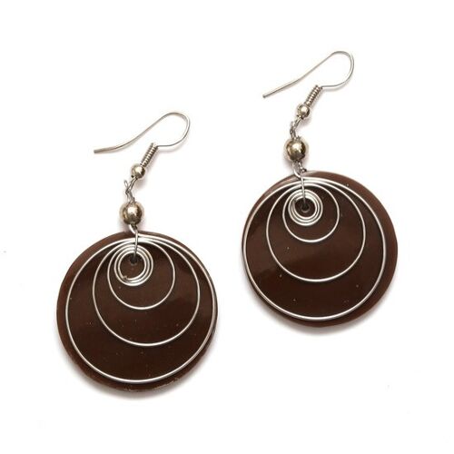 Brown resin disc drop earrings with multi-circle steel