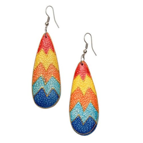 Wooden teardrop shaped drop earrings with sun sea sand colour theme