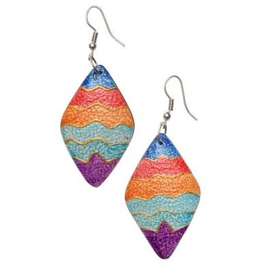 Colourful wooden rhombus shaped drop earrings