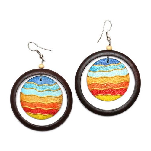 Brown wooden hoop drop earrings with sun sea sand colour theme
