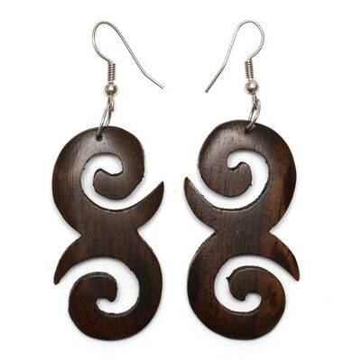 Hand carved brown wooden tribal double swirl drop earrings