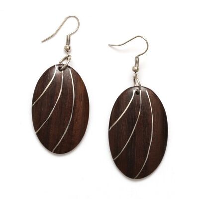 Brown wooden oval shaped drop earrings with triple stainless steel line