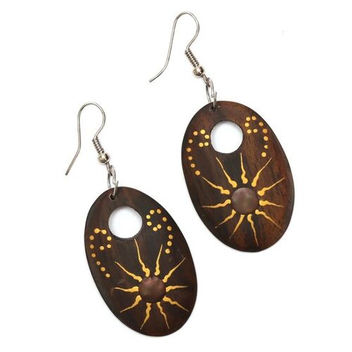 Brown wooden oval shaped drop earrings with sun pattern