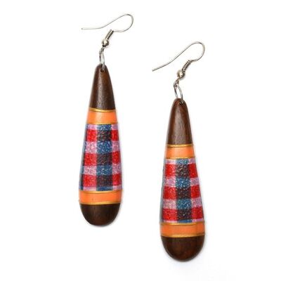 Wooden teardrop shaped drop earrings with gingham pattern