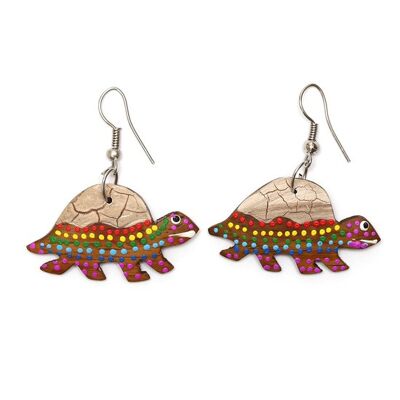 Boucles d'oreilles pendantes tortue en bois à pois colorés