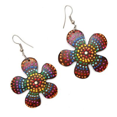 Wooden flower motive with rainbow colour dots drop earrings