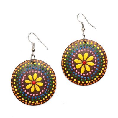 Vibrant yellow flower with colourful dots wooden disc drop earrings