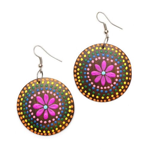 Vibrant purple pink flower with colourful dots wooden disc drop earrings