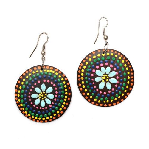 Vibrant blue flower with colourful dots wooden disc drop earrings