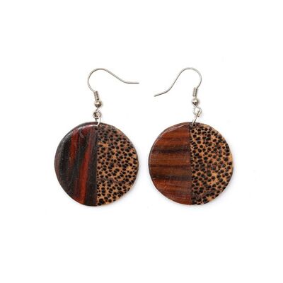 Organic round disc half plain and half spotty wood drop earrings