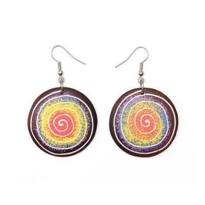 Organic colourful wooden hoop drop earrings with hand-painted spiral pattern (105682)