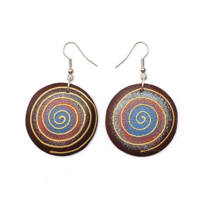 Organic colourful wooden hoop drop earrings with hand-painted spiral pattern (105681)
