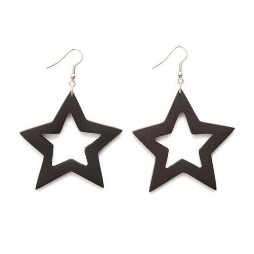 Organic sharp black open star wooden drop earrings