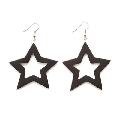 Boucles d'oreilles pendantes en bois bio étoile ouverte noire pointue