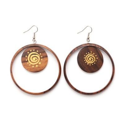 Organic classic spiral disc in wooden hoop drop earrings
