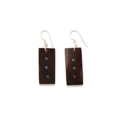 Organic blue dots oblong  wooden drop earrings with 925 Sterling Silver hook