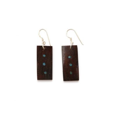 Organic blue dots oblong wooden drop earrings with 925 Sterling Silver hook