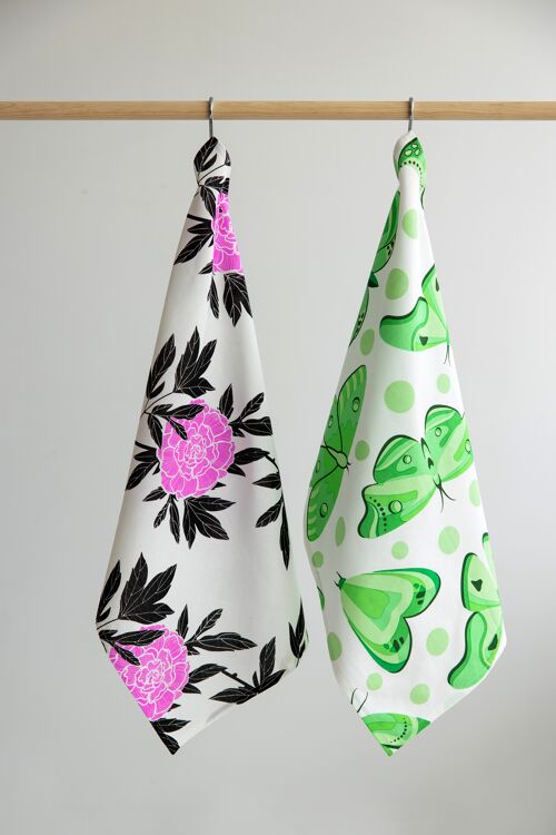 2 Tea Towels: White with Butterflies White with Purple Flowers