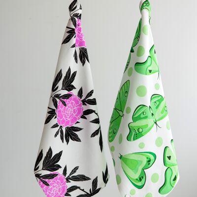 2 Tea Towels: White with Butterflies White with Purple Flowers