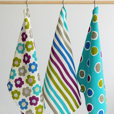3 Tea Towels: White with Stripes White with 3 types of Flowers Blue with Ovals