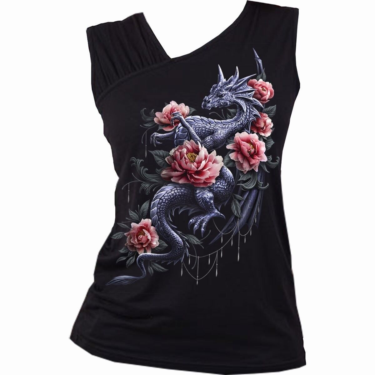DRAGON ROSE SLANT - Gilet a spalla obliqua arricciato nero