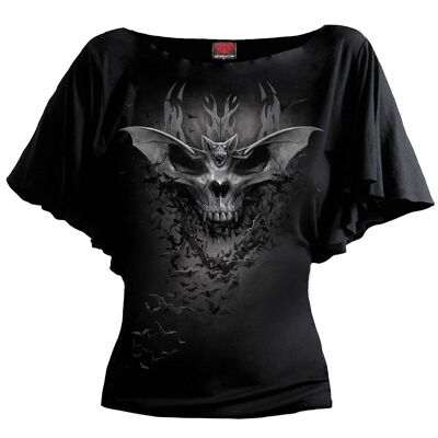 BAT SKULL - Camiseta con cuello barco y manga murciélago negra