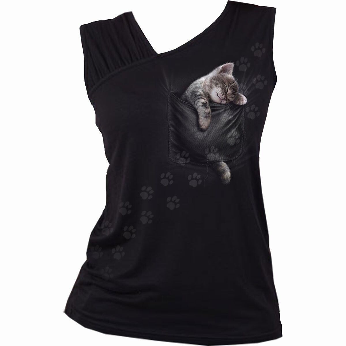 POCKET KITTEN - Gilet a spalla obliqua arricciato nero