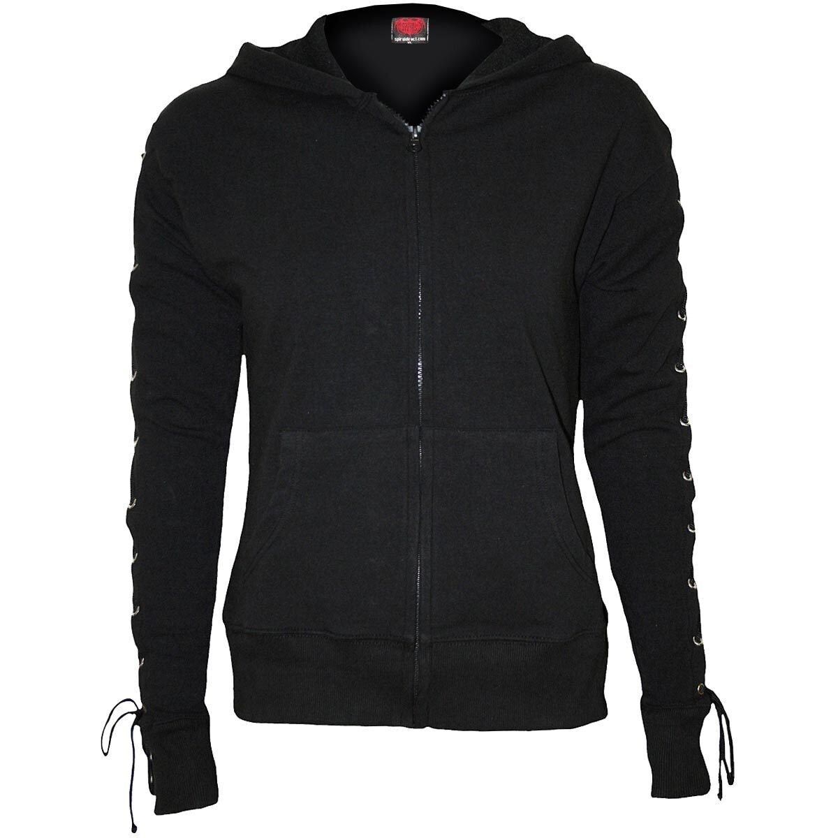 GOTHIC ROCK - Felpa con cappuccio e zip intera con lacci glitterata nera