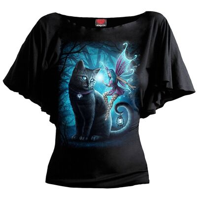 CAT AND FAIRY - Camiseta con cuello barco y manga murciélago negra