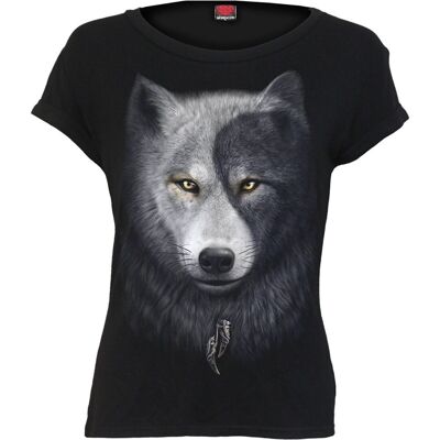 WOLF CHI - Top de manga casquillo con cuello barco negro