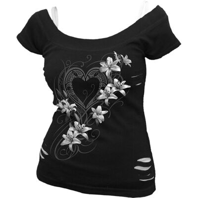 PURE OF HEART - 2in1 White Ripped Top Schwarz