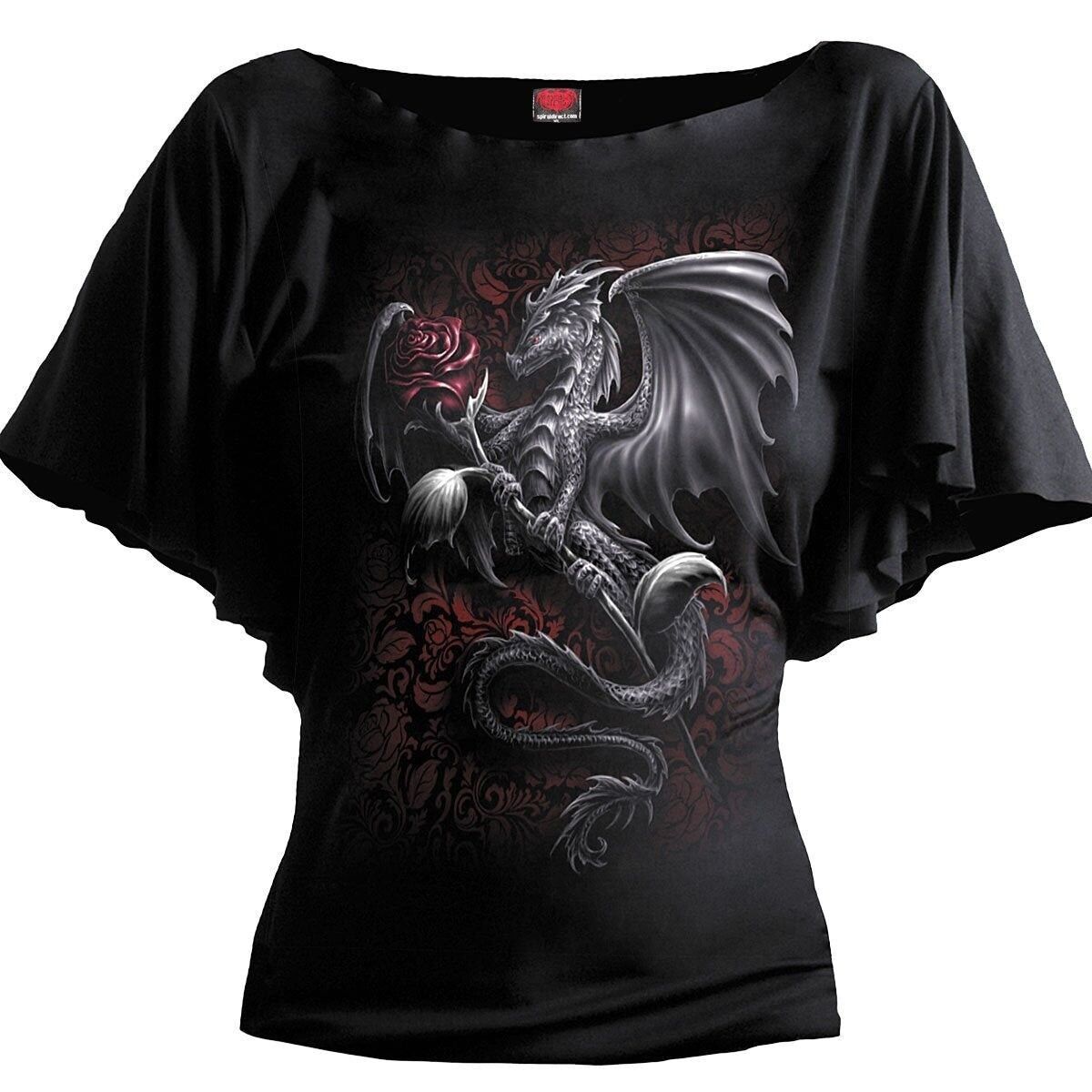 DRAGON ROSE - Top con maniche a pipistrello con scollo a barchetta Nero