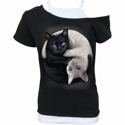 YIN YANG CATS - Top 2 en 1 con hombros descubiertos Negro